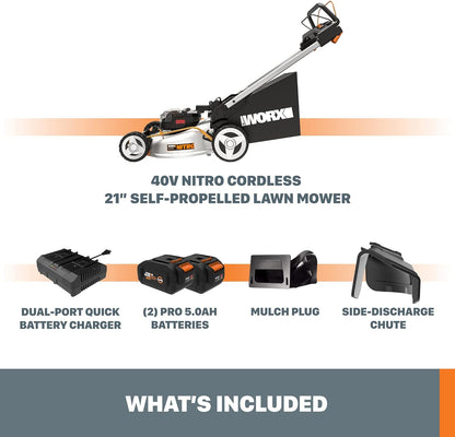 Worx 40V Cordless Self-Propelled Lawn Mower, Powerful Battery Lawn Mower with Brushless Motor, 3-in-1 Cordless Lawn Mower WG753 Power Share - 2 Batteries and Charger Included