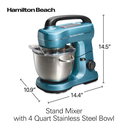 Hamilton Beach Electric Stand Mixer, 4 Quarts, Dough Hook, Flat Beater Attachments, Splash Guard, 7 Speeds with Whisk, Easy-Carry Top Handle, Blue