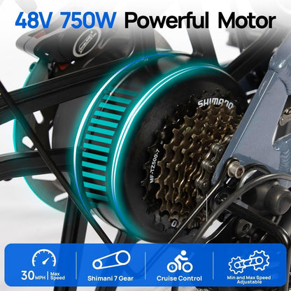 750W Electric Bike for Adults 20Ah LG Cell Battery Full Suspension 30Mph 20" X4.0 Fat Tire Ebike Cruise Control 7-Speed Commuter Bicycle