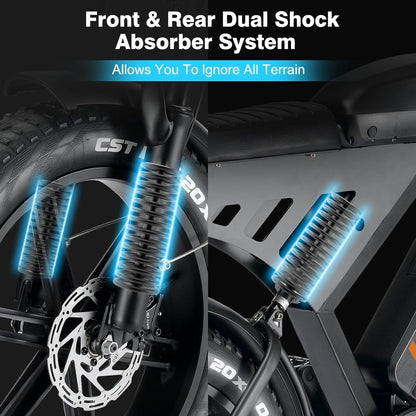Electric Bike for Adults 750W/1500W Motor 20'' Fat Tire 48V 15AH/30AH Removable Battery 28MPH up to 60 Miles 7 Speed Double Suspension