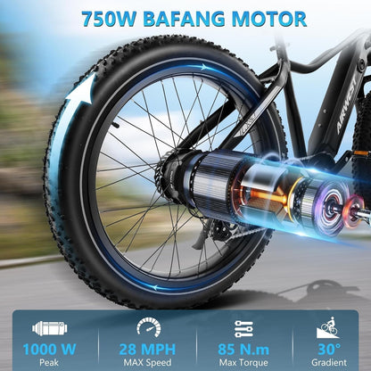 Electric Bike for Adults 750W Bafang Motor 28MPH Ebike with Removable 48V 15Ah LG Battery up to 50 Miles 26" Fat Tire Electric Mountain Bike Shimano 7
