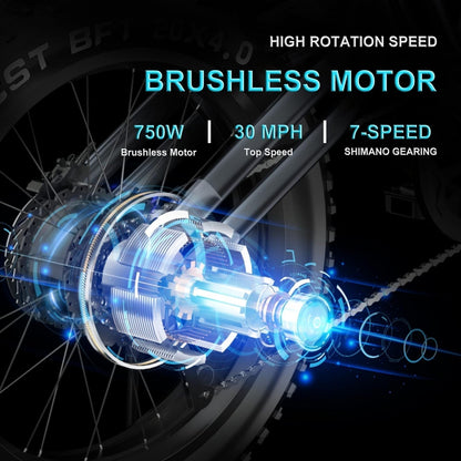 Electric Bike 20" X 4.0 Electric Bike for Adults with 750W Brushless Motor, 48V 14Ah Removable Battery, 7-Speed Transmission UL Certified