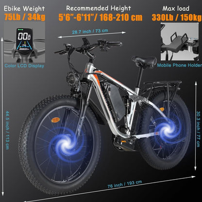 SMLRO V3 Dual Motors MTB with Rear Shock Absorber, 22.4AH 2000W 26" Fat Tire Electric Bike 35MPH, Mountain E-Bike Suspension Electric Bicycle Ebikes