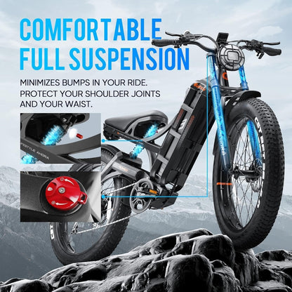 Romeo 60Ah Peak 1200W Electric Bike for Adults 100-200Miles Long Range Electric Bike 26 * 4.0 Fat Tire Electric Bike Full Suspension Electric Mountain