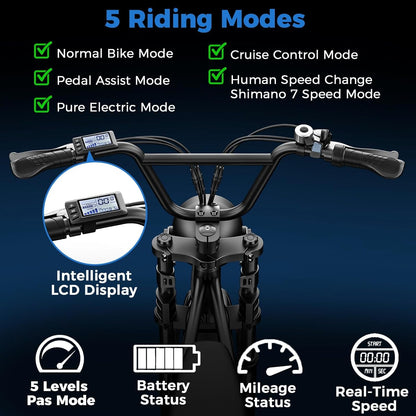 Electric Bike for Adults,Electric Bicycle 2000W 48V/22.4Ah 34MPH,1000W 48V/20Ah 35MPH Electric Mountain Bike,12-Speed 20"*4.0 Fat Tire Electric