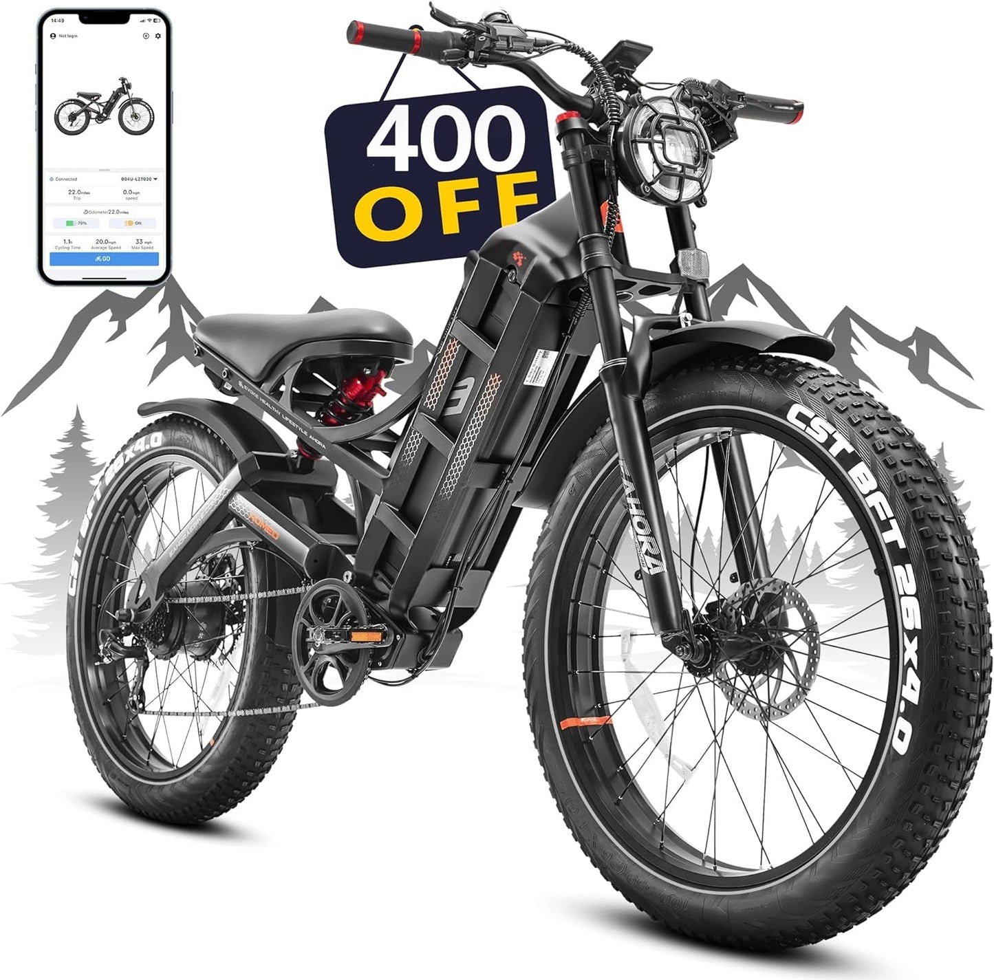Romeo Pro Upgraded Electric Bike 60Ah 1200W (Peak 1600W) 26" Fat Tire 34Mph/100-200 Miles Ultra Long Range E Mountain Bikes Full Suspension Dual