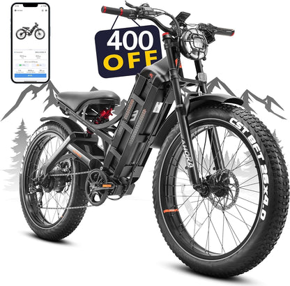 Romeo Pro Upgraded Electric Bike 60Ah 1200W (Peak 1600W) 26" Fat Tire 34Mph/100-200 Miles Ultra Long Range E Mountain Bikes Full Suspension Dual