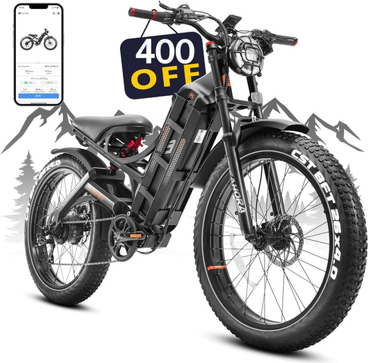 Romeo Pro Upgraded Electric Bike 60Ah 1200W (Peak 1600W) 26" Fat Tire 34Mph/100-200 Miles Ultra Long Range E Mountain Bikes Full Suspension Dual