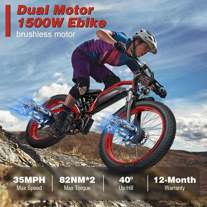 Adults Electric Bike, AWD Dual Motor 1500W/Peak 2000W, 48V 23Ah Electric Bicycle up to 35Mph&87Miles, 26''*4.0 Fat Tire Pedal Assist All Terrain