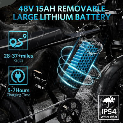 V8 Fat Tire Electric Bike, Electric Mountain Bike with 750W Motor 48V 15Ah Removable Larger Battery, 20'' Fat Tire, 31MPH Max Speed, Shimano 7 Speed,