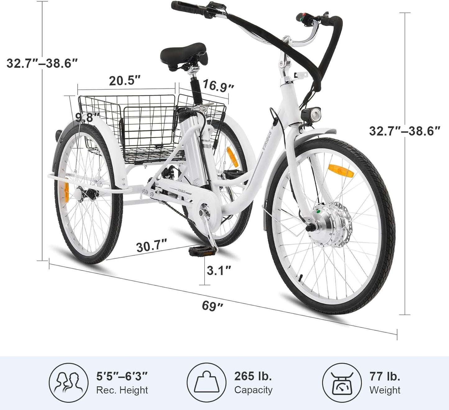 Electric Trike, 350W Electric Tricycle for Adults with Dual Chains, UL Tested 36V 10Ah Battery, 3 Wheel Electric Bicycle, E Trike with Basket for