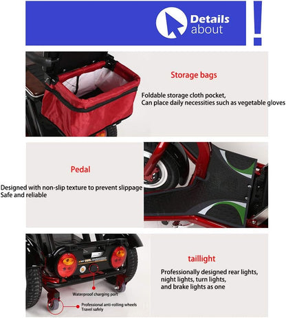 Folding Electric Three-Wheel Mobility Scooter Portable Electric Tricycle Power Scooter for Adults/Elderly/Disabled Long Range Driving and Travel