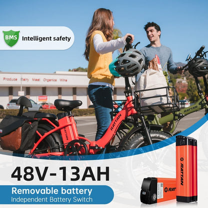 Rattan 750W Electric Bike for Adults 48V 13AH Removable Battery Foldable Electric Bikes LM/LF Pro Ebike 20" X 4.0 Fat Tire Electric Bicycles 2 Seater