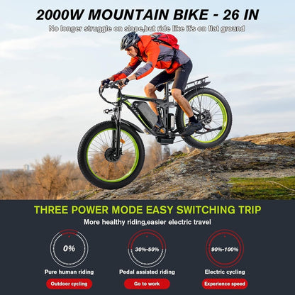 Electric Bike for Adults, 2000W Ebikes 26"X4" Fat Tire Bicycle, Dual Motor 48V/22.4Ah Removable Larger Battery Bikes for Beach Mountain Snow Commute