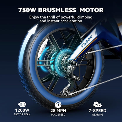 Tyson Folding Electric Bike for Adults, [Unibody Magnesium Alloy] 750W (Peak 1200W) 28MPH 20'' Fat Tire Ebike with 48V 15Ah Removable Battery,