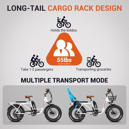 M-81 Electric Bike for Adults,750W 105 Miles, 48V 20AH Removable Samsung Battery UL Certified, Long-Tail Cargo Electric Bicycle, 20"X4" Fat Tire
