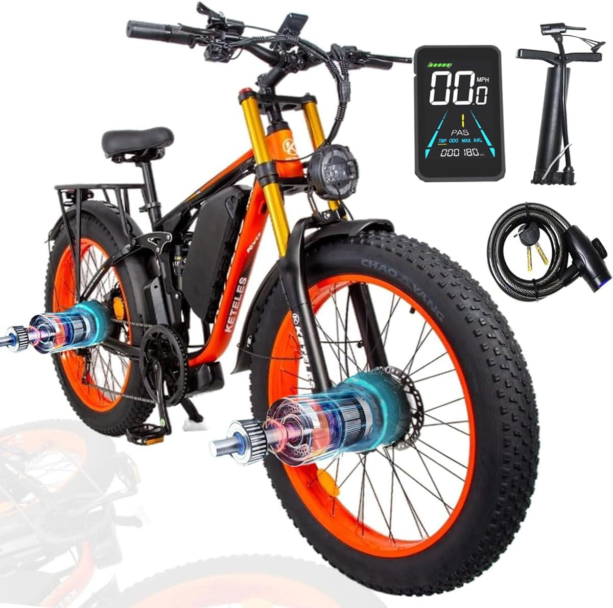KETELES K800 Pro 2000W Dual Motor Electric Bike 48V 23AH Battery Front and Rear Shock Absorbers 7-Speed, Hydraulic Disc Brake, 26"X4.0" Inch Fat Tires