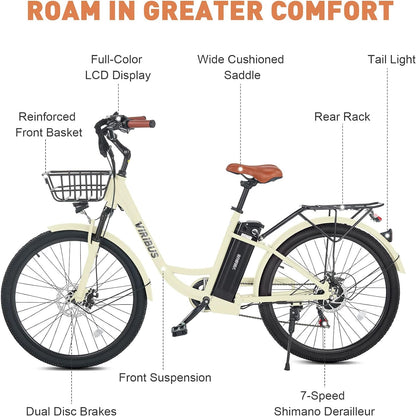 Electric Bike for Adults, 25 Mph Ebikes for Adults with Basket, 350W/500W Electric Cruiser Bikes for Women 7 Speed, Adult Electric Bicycle with