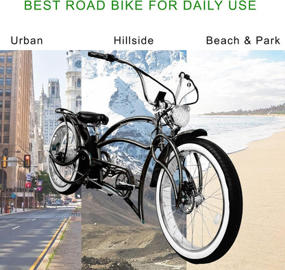 beyond Pro 26'' Classic Stretch Chopper Ebike with Spring Suspension Classical Fork, Disc Brake and Hi-Rise Steel Handlebar