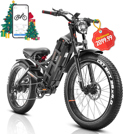 Romeo Pro Peak 1600W 60Ah Electric Bike for Adults, 100-200Miles+ Long Range Electric Bike, 34Mph 26" Fat Tires Electric Mountain Bike with Full