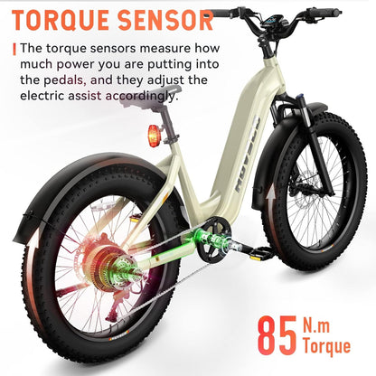 Electric Bike, 26"X 4" Fat Tire Ebike for Adults, 750W Motor Torque Sensor Mountain Bike 28Mph, 48V 20Ah Removable Battery 80Miles Adult Electric