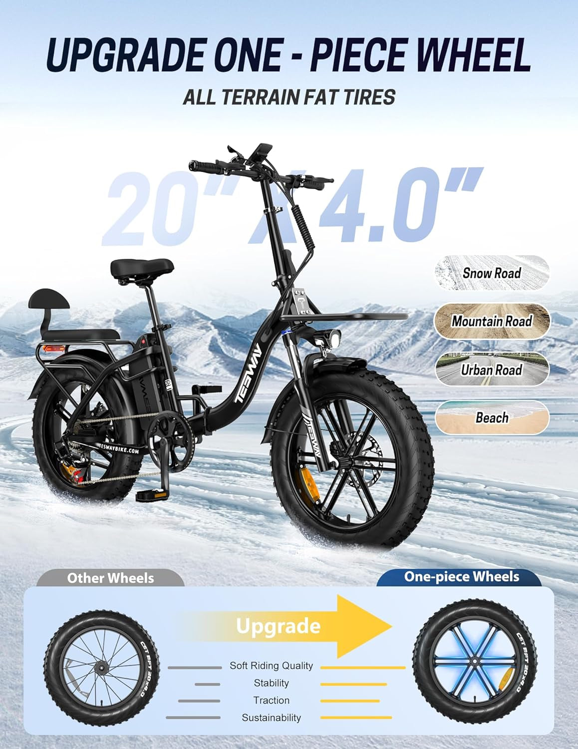 TESWAY 90 Miles 30AH Battery Folding Electric Bike,【2024 New Upgrades】 750W/1125W Motor 32MPH Long Range E-Bike,20"X4.0" Fat Tire & Step-Thru Ebike