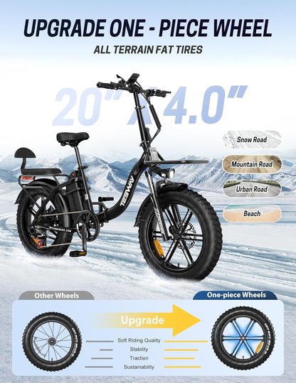 TESWAY 90 Miles 30AH Battery Folding Electric Bike,【2024 New Upgrades】 750W/1125W Motor 32MPH Long Range E-Bike,20"X4.0" Fat Tire & Step-Thru Ebike