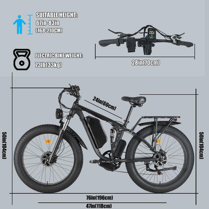 Smlro V3 plus Electric Bicycle 2000W Dual Motor Ebike 48V 22.4Ah Mountain Snow E Bike 35MPH Electric Bicycle 26" Fat Tire 7 Speed MTB for Trail Riding