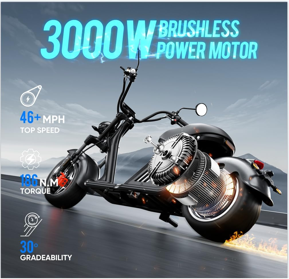 M2 3000W Electric Motorcycle, 46MPH 50Miles Range DOT Approved Electric Moped, 60V 40Ah Battery Dual Suspension Electric Motorcycle for Adults