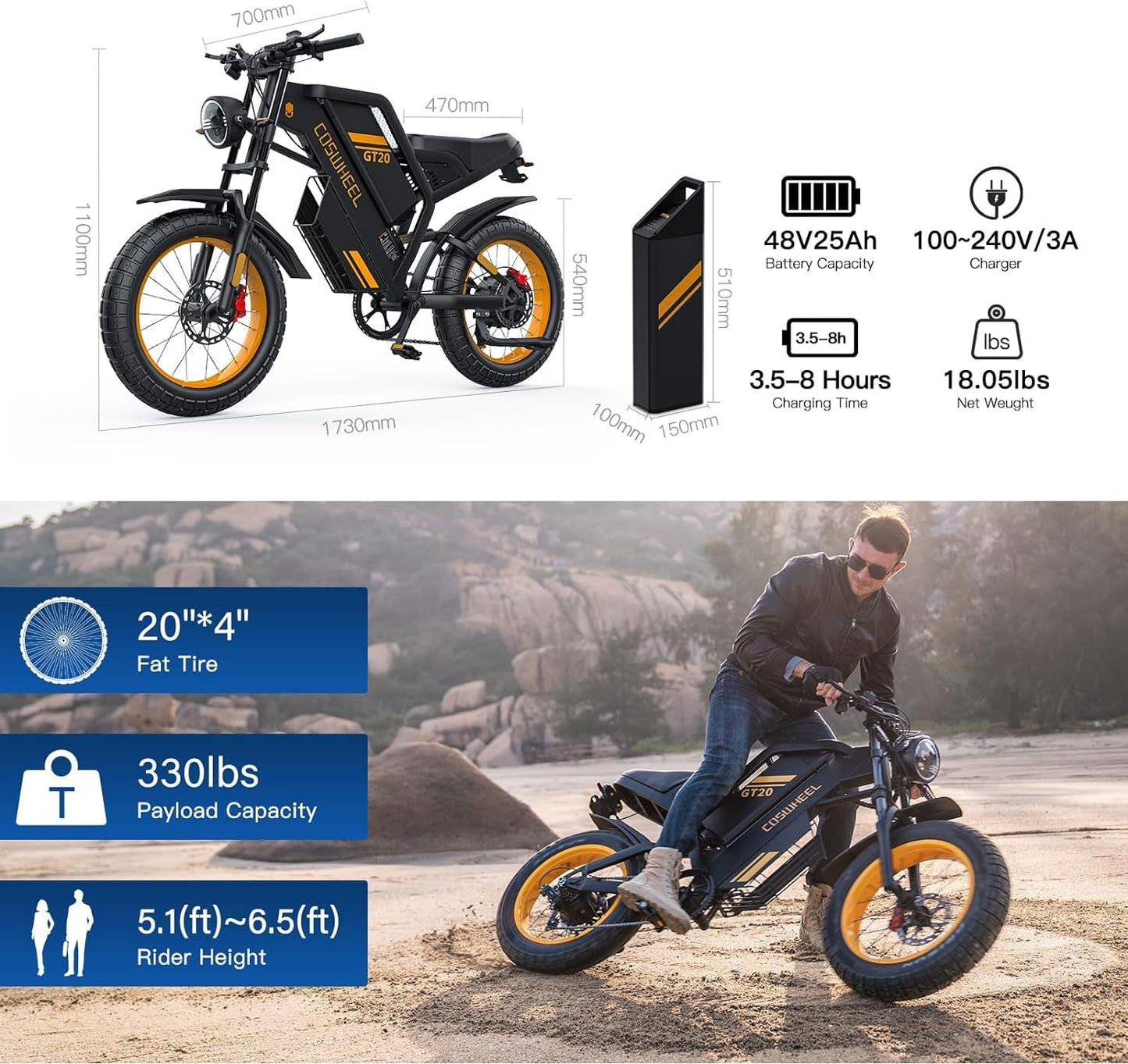 GT20 Electric Bike for Adults, Electric Dirt Bike with 1500W Motor 48V/25Ah Removable Battery, up to 31MPH Electric Motorcycle, Shimano 7-Speed, 20" X