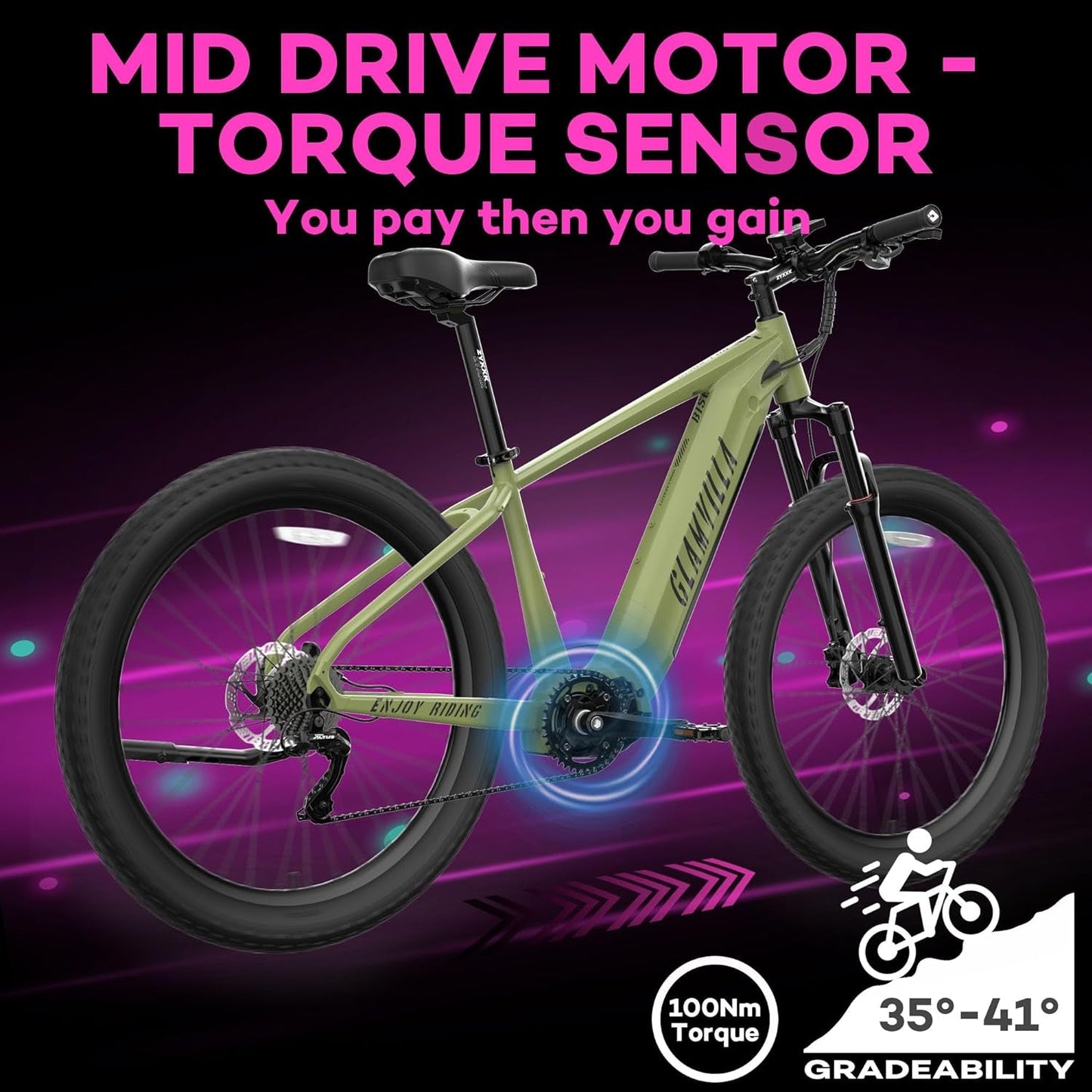 Electric Bike for Adults 250W Mid Drive Electric Bike Fat Tire 27.5" with 720Wh Removable Battery, up to 20MPH, Shimano 9 Speed and Front Fork