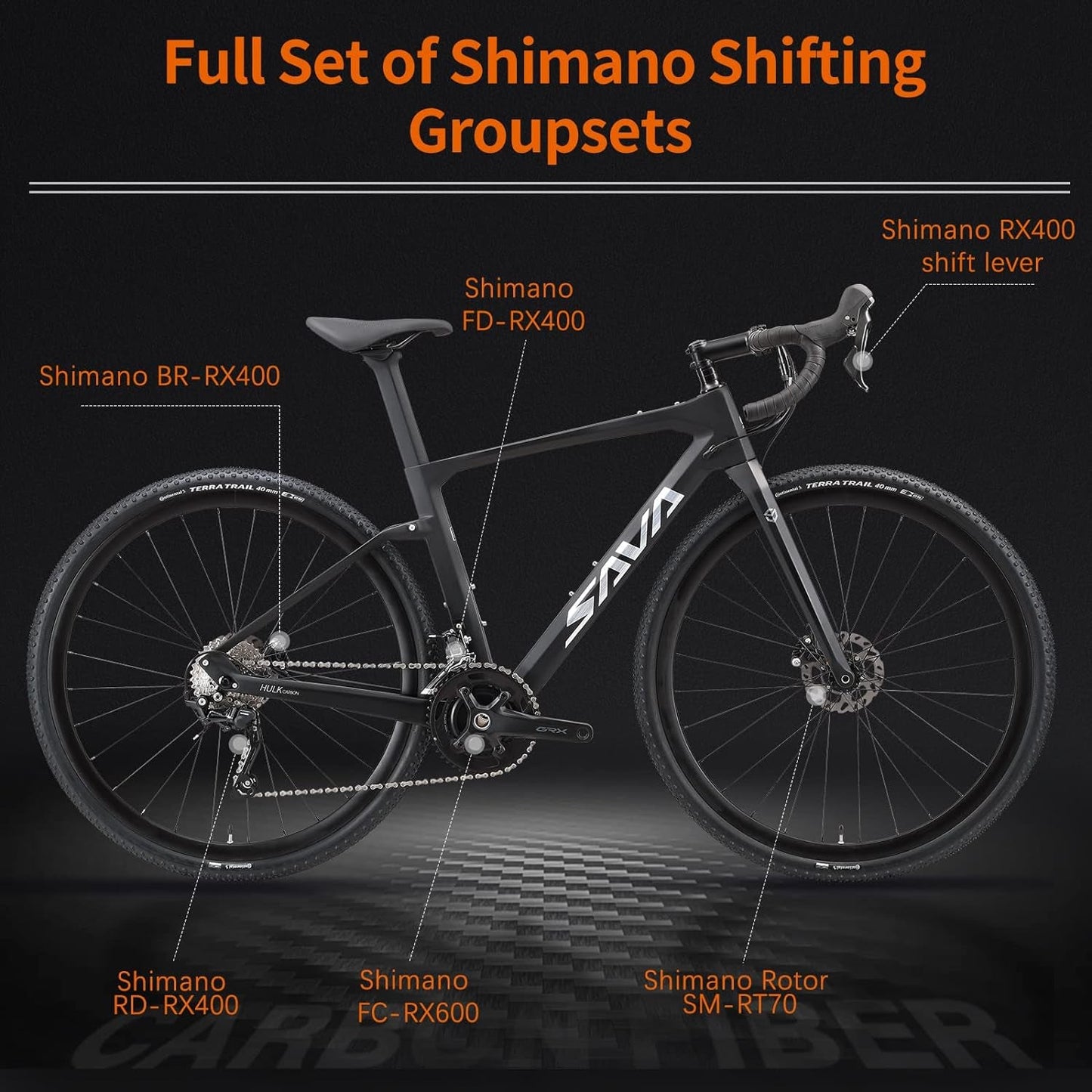 Carbon Gravel Road Bike,T800 Carbon Gravel Dis Brake Bicycle with Professional Adventure Shimano GRX400 20 Speed Groupset and Extra Wide Tires