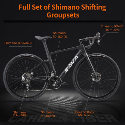 Carbon Gravel Road Bike,T800 Carbon Gravel Dis Brake Bicycle with Professional Adventure Shimano GRX400 20 Speed Groupset and Extra Wide Tires