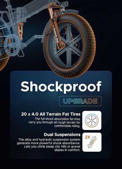 Upgrade Folding Electric Bicycle for Adults 750W 48V16Ah Build-In Lithium Large Battey Long Range 20 * 4.0" Fat Tire E-Bike All Terrien Mountain Snow