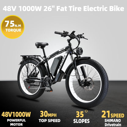 Keteles K800 1000W/2000W Electric Bike for Adults Dual Motor 26" Fat Tire Mountain Ebike 17.5Ah/23Ah Removable Lithium Battery Max 35Mph 60Miles