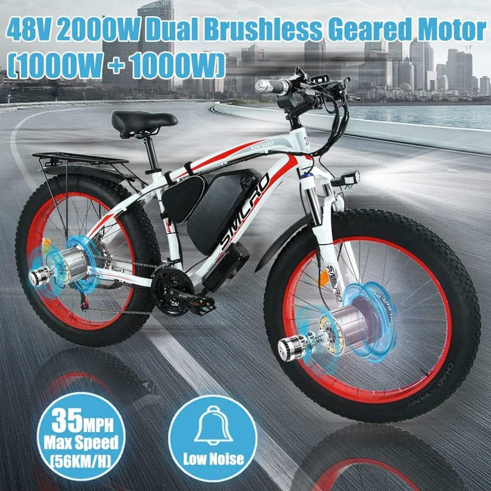 2000W Dual Motor Smlro Electric Bike for Adults, Fat Tire Mountain Ebike, 35 MPH 48V 22.4AH AWD Ebikes, 21-Speed E-Bike/E Bikes, Country Adult