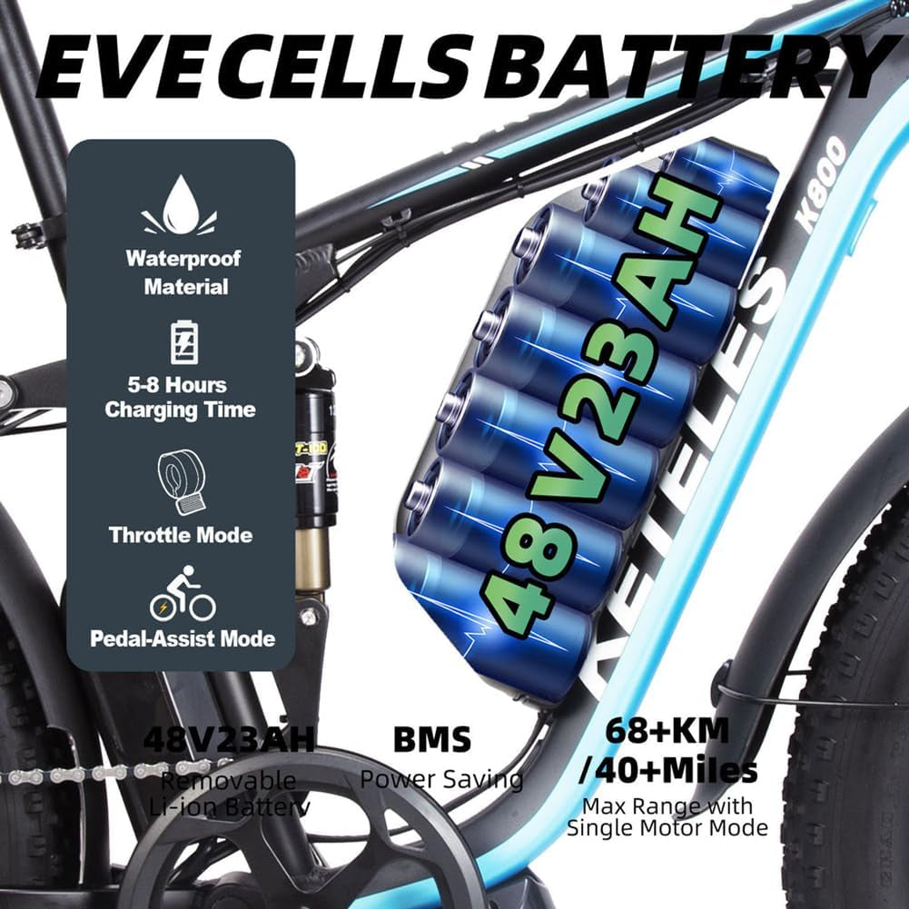 KETELES K800 Pro 2000W Dual Motor Electric Bike 48V 23AH Battery Front and Rear Shock Absorbers 7-Speed, Hydraulic Disc Brake, 26"X4.0" Inch Fat Tires