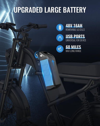 Electric Dirt Bike for Adults, 48V 16Ah Removable Battery and Full Suspension, 28 Mph 20" Fat Tire Electric Motorcycle for Adults with Shimano 7-Speed