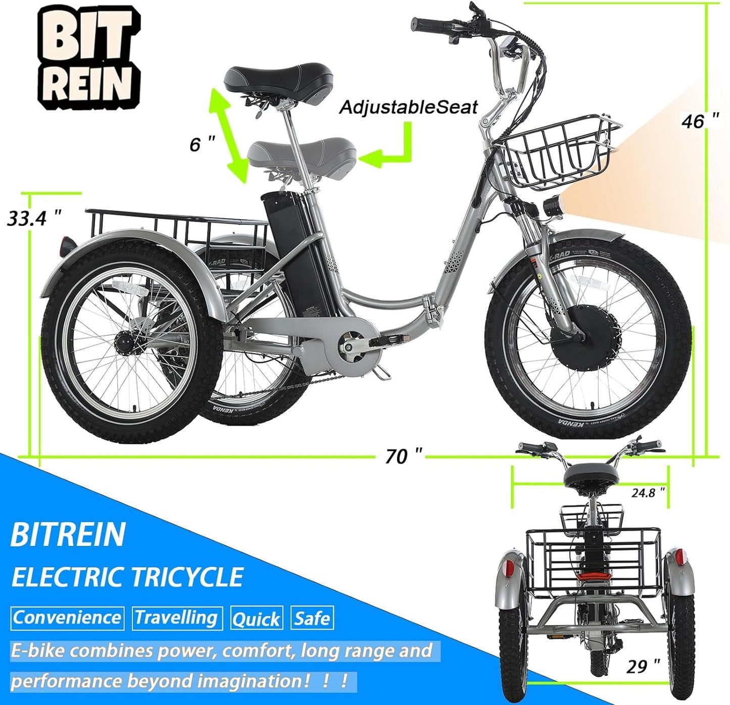 Adult Electric Tricycle 20-Inch Hub Electric Bicycle, 17.5AH Detachable Lithium Battery, 500W 48V Super High Power, Home, Travel, Off-Road, Fast