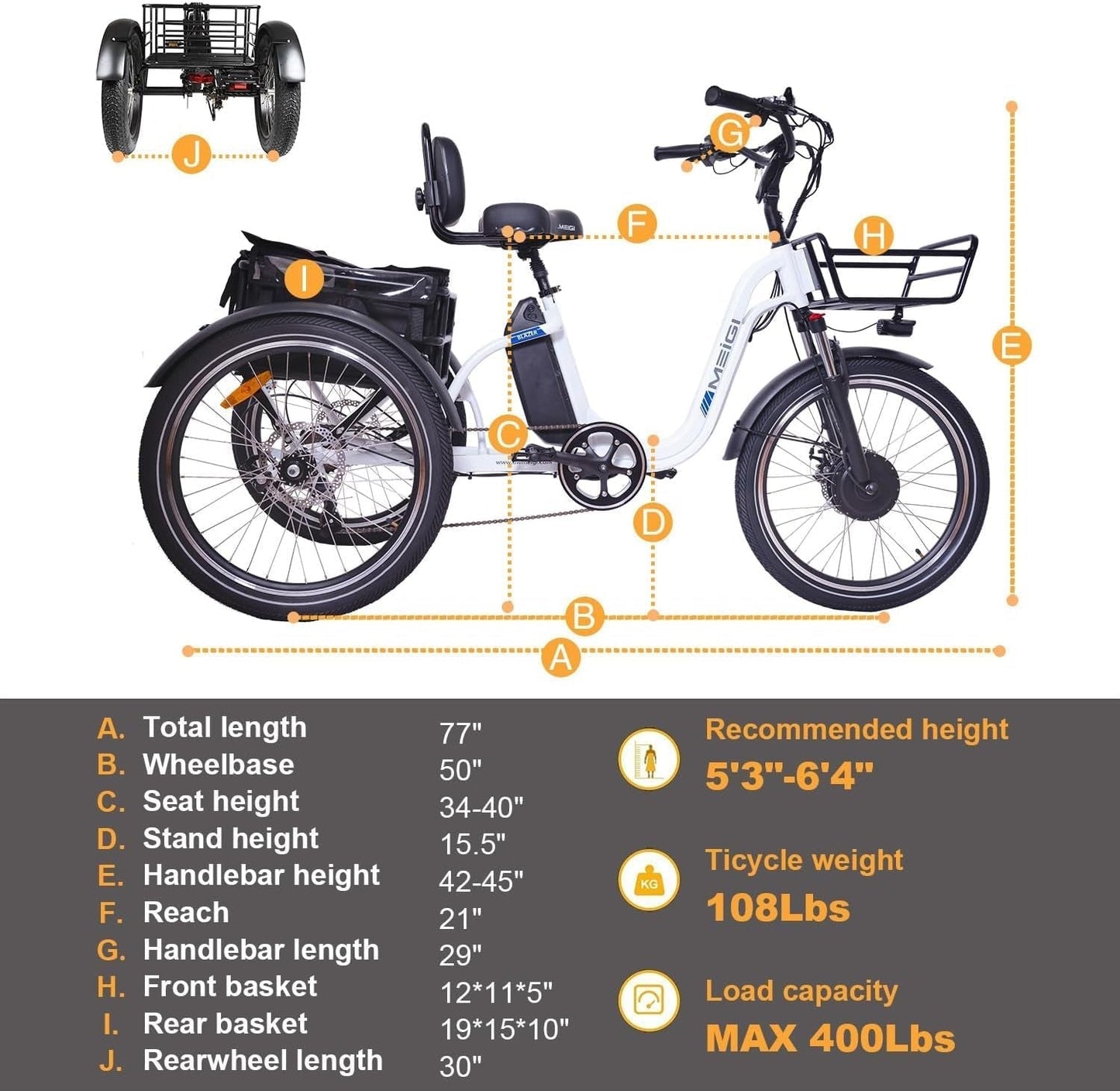 Step Thru Electric Tricycle for Adult, 750W Motor 48V 16AH Battery 65 MI Range, Full Suspension E Trikes with Turn Signal, Reverse Gear