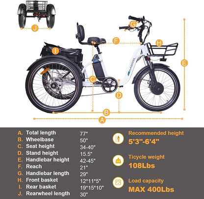 Step Thru Electric Tricycle for Adult, 750W Motor 48V 16AH Battery 65 MI Range, Full Suspension E Trikes with Turn Signal, Reverse Gear