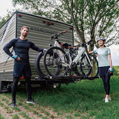 Patented Lift Assisted Volt Lift RV Rated Hitch Mounted 2 E Bike Rack Carrier with RAMP up to 2X 80Lbs Ebikes with up to 5" Fat Tires for