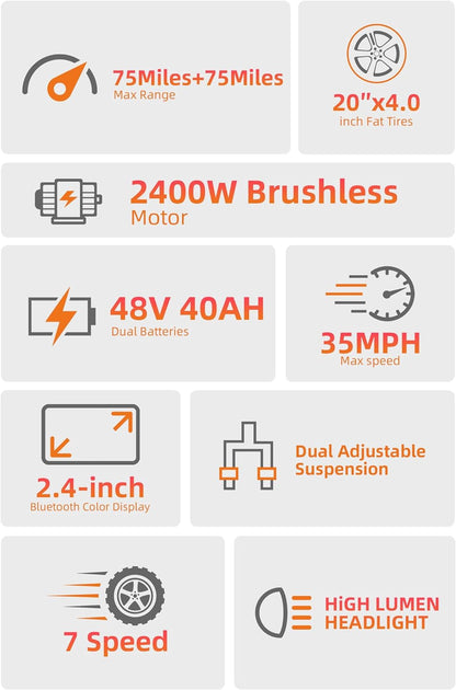 Electric Bikes,2400W Adult Electric Bicycles 35MPH Mountain Ebike 48V 40Ah Dual Removable Lithium Battery Dual Suspension Fork 7-Speed Gears 48V LED