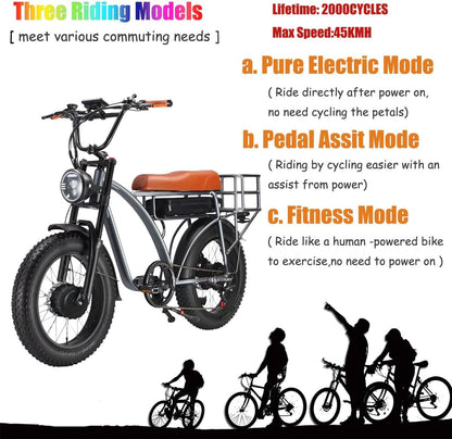 US Stock  E5 plus Cool Retro Moped Utilitarian Electric Bike 18AH 2000W Dual Motor Fat Tire 20 Inch Motorcycle Ebike Long Range off Road Snow