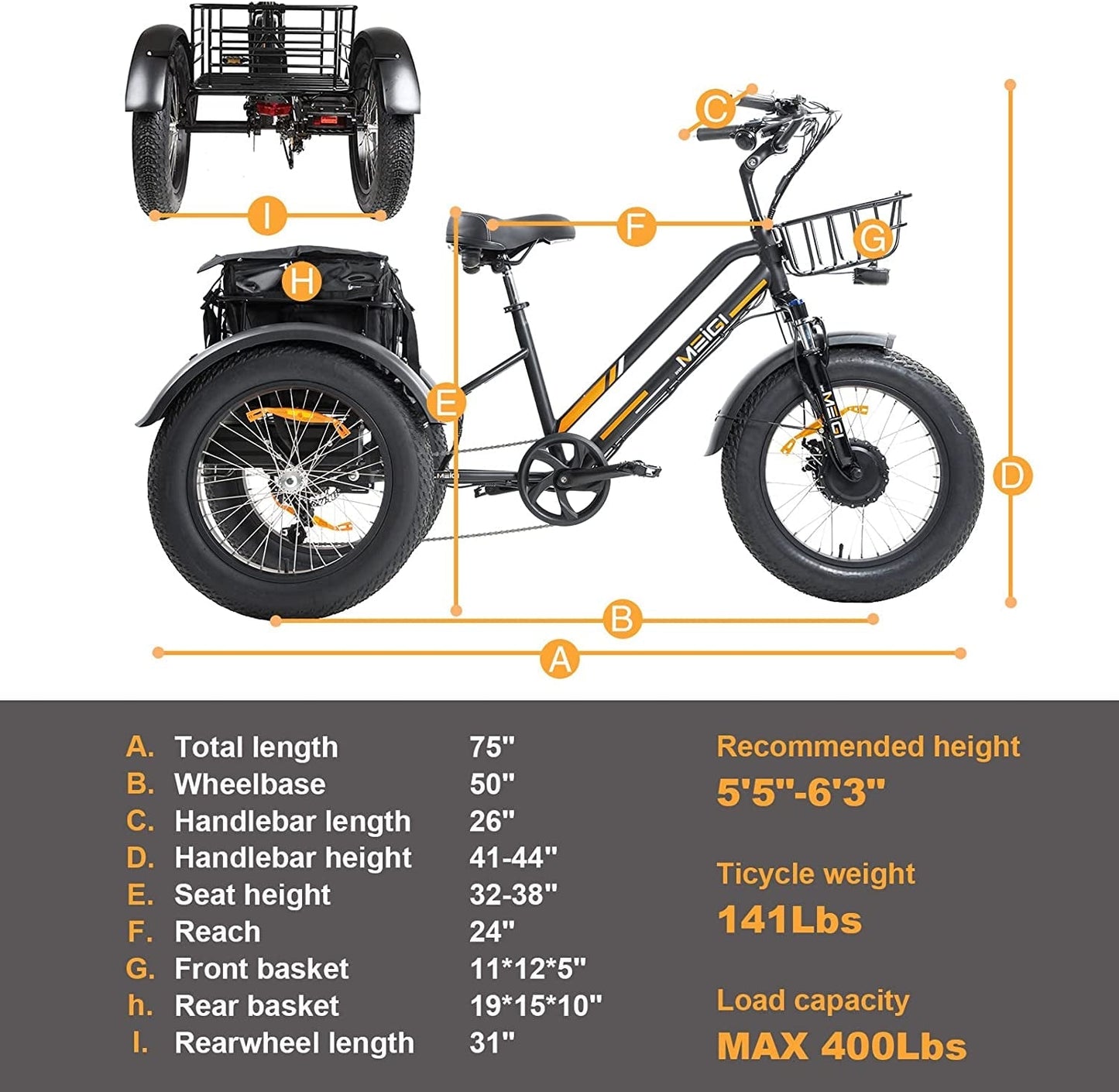 3 Wheel Electric Bike for Adult with 750W Motor, 48V 18.2AH Removable Lithium Battery, 20"*4.0 Fat Tire Tricycles for Men Women with Front & Rear