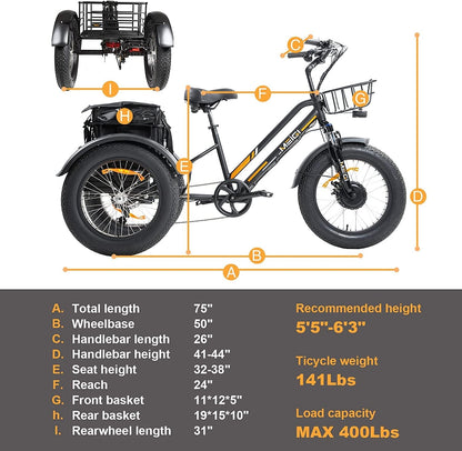 3 Wheel Electric Bike for Adult with 750W Motor, 48V 18.2AH Removable Lithium Battery, 20"*4.0 Fat Tire Tricycles for Men Women with Front & Rear