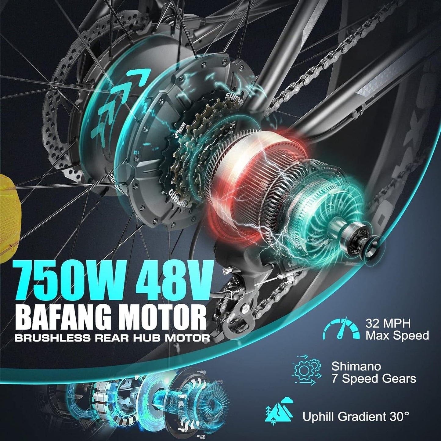 Electric Bike,750W 32 MPH Electric Mountain Bike for Adults, 26" Fat Tire Electric Bicycle with 48V 15Ah Removable Internal Lithium-Ion, Shimano 7