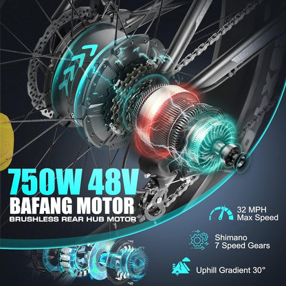 Electric Bike,750W 32 MPH Electric Mountain Bike for Adults, 26" Fat Tire Electric Bicycle with 48V 15Ah Removable Internal Lithium-Ion, Shimano 7