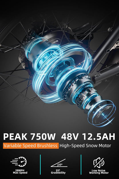 Electric Bike for Adults with 750W Brushless Motor 28MPH Commuting Electric Mountain Bike 48V Removable Battery 12V LED Headlight 4.0 Fat Tire