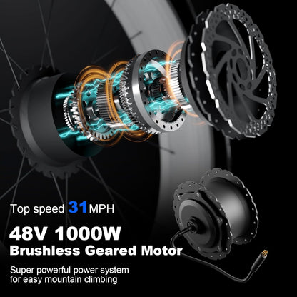 1000W Electric Bike for Adults,Powerful Motor 48V 16AH Battery Snow Beach Ebike Hydraulic Disc Brake Electric City Bike up to 31MPH All Terrain 26"